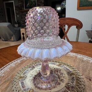 Fenton pink carnival glass hobnail fairy lamp